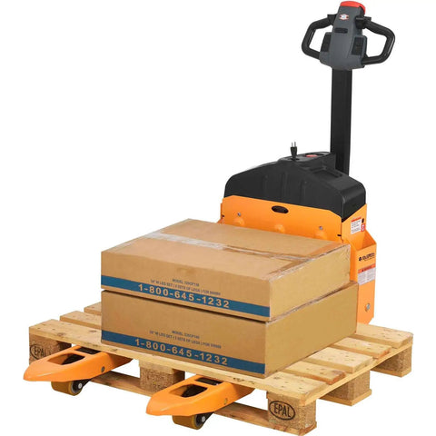 Premium Global Industrial Self-Propelled Electric Pallet Jack Truck Featuring Dual 60Ah Batteries For Heavy Duty Warehouse Material Handling with boxes on pallet.