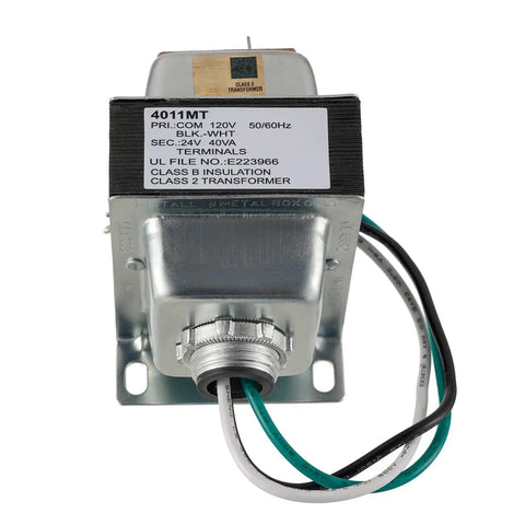 Front view of UL certified 24V 40VA thermostat and doorbell transformer with screw-down install, 120V input, and 24V output.