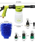 Dope Car Wash Foam Gun For Garden Hose With 6 Levels Of Foam Concentration Adjustable Sprayer Thick Filtration Metal Handle Washing Mitts Quick Connect To Any Cleaning Hose Snow Foam Blaster Kit, shown with dimensions and parts.