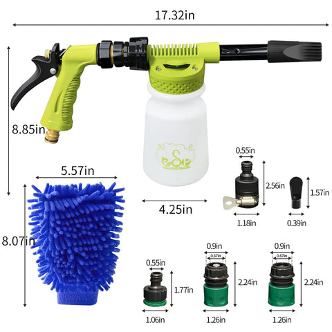 Dope Car Wash Foam Gun For Garden Hose With 6 Levels Of Foam Concentration Adjustable Sprayer Thick Filtration Metal Handle Washing Mitts Quick Connect To Any Cleaning Hose Snow Foam Blaster Kit, shown with dimensions and parts.