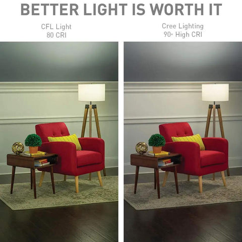 Comparison of living room lighting: CFL Light 80 CRI vs Cree Lighting 90+ High CRI with floor lamp and red chair
