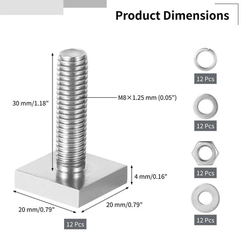 Hardcore 12 Pack Stainless Steel T Track Bolts M8 Square Head Fasteners With Lock Nuts And Assorted Washers dimensions detailed