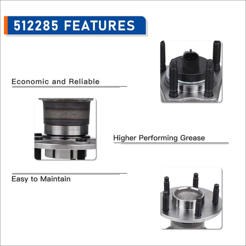 Diagram showing Rear Wheel Hub And Bearing Assembly Part Number 512285 features with detailed close-ups and performance highlights.