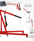 2 Ton Cherry Picker Engine Hoist Heavy Duty Folding Hydraulic Crane With 6 Casters And Lever For Auto Repair Red, showing steel material and parts details.
