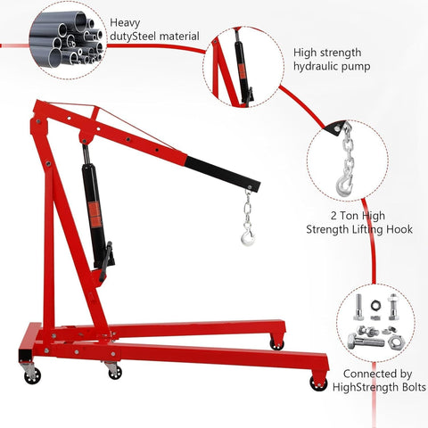 2 Ton Cherry Picker Engine Hoist Heavy Duty Folding Hydraulic Crane With 6 Casters And Lever For Auto Repair Red, showing steel material and parts details.