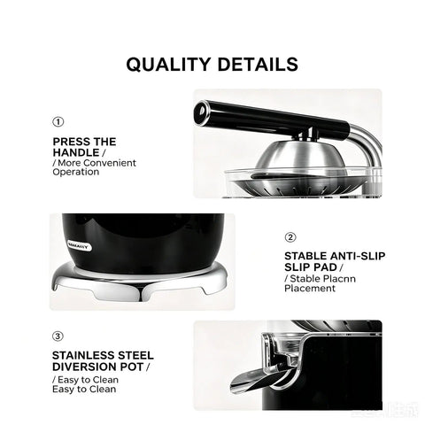 Quality details of Heavy Duty Electric Citrus Juicer Press With Two Cones for easy operation, stable slip pad, and stainless steel pot.