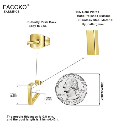 Diagram of 14K Gold Hoop Earrings For Women, Minimalist V-Shaped Open Hoops, Hypoallergenic And Lightweight 17mm Design next to a quarter for scale.