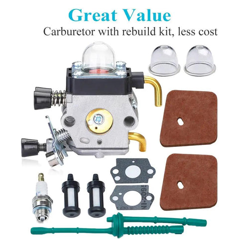 Premium Replacement Carburetor Kit For STIHL FS55 FS55R FS45 FS38 HL45 Weed Eater And Hedge Trimmer Rebuild Kit With Fuel Line And Easy Start Upgrade Compatible With ZAMA Carbs, includes carburetor, air filters, and spark plug set.