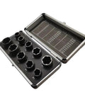 Heavy Duty Steel Bolt Extractor Socket Set 10pc For Gnarly Rusted And Rounded Nuts fits in a durable case with sizes shown.