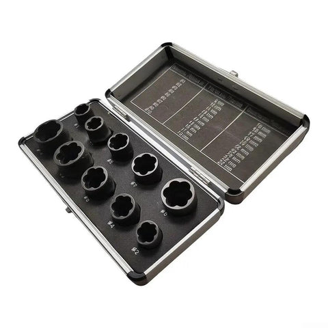 Heavy Duty Steel Bolt Extractor Socket Set 10pc For Gnarly Rusted And Rounded Nuts fits in a durable case with sizes shown.
