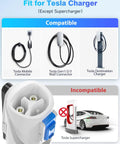 Tesla To J1772 Charging Adapter With 80 Amp Max Supporting 250 Volts For Lightning Fast Electric Vehicle Charging Compatible With Tesla Destination Chargers And Mobile Connectors No Sweat Setup White showing compatible Tesla connectors.