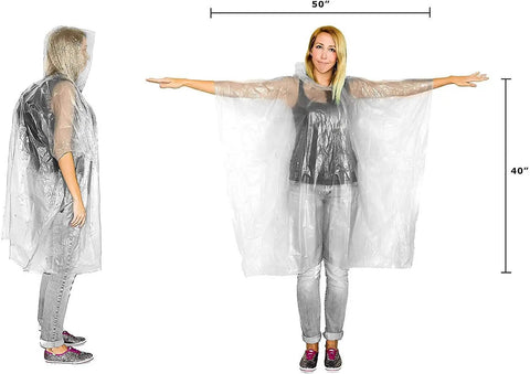 Woman showcasing Family Pack Rain Ponchos For All Ages, 20 Clear Hooded Ponchos With Drawstrings, Lightweight Reusable or Disposable