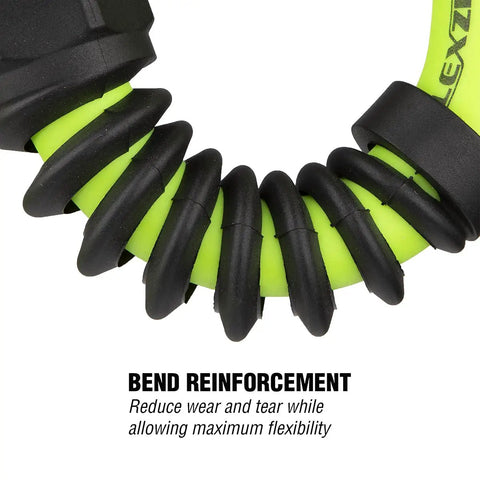 Pro Air Hose With Reusable Fitting And Ball Swivel 3/8 Inch, 360 Degree Swivel, 30 Degree Tilt, On Site Field Repairable, Ultra Durable And Flexible For Quick Custom Lengths. Bend reinforcement on green and black hose
