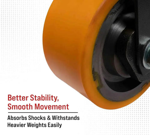 Close-up of Four Pack 8 Inch ISO Shipping Container Caster Wheels With Brakes 11000 Lbs WLL Per Wheel, yellow polyurethane.
