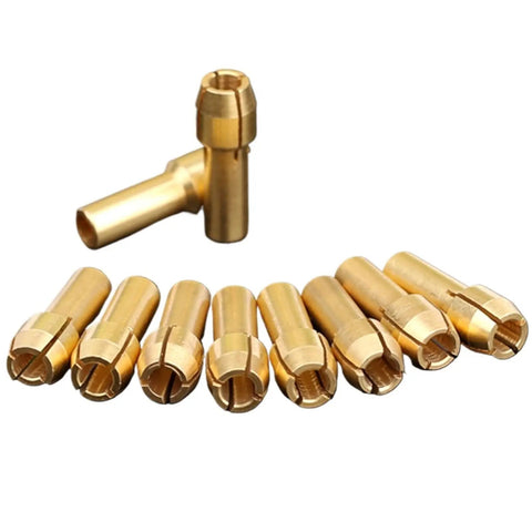 Top Shelf Mini Drill Chuck Adapter Set For Rotary Power Tools Heavy Duty Brass Quick Swap Holder Fits One Eighth Inch Shanks showing 10 brass adapters.