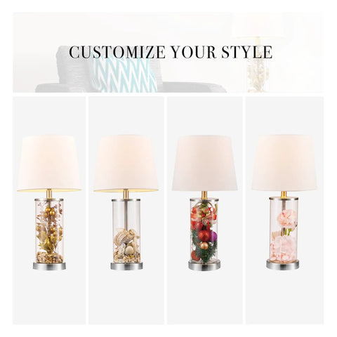 Maya 21 Inch Fillable Table Lamp With Clear Glass Base And White Linen Shade Coastal Transitional Style For Living Room Bedroom Or Home Office Fillable Base Lets You Add Personal Keepsakes Up To Ten Pounds displayed with fillable options.
