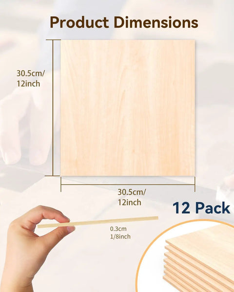 Smooth As Butter 12 Pack Basswood Sheets 12 By 12 Inches By 1/8 Inch Thick Unfinished Craft Wood Boards product dimensions displayed.