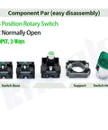 10 Amp 3 Position Rotary Switch With Green LED Light components including bases, support, and switch head, 22mm mounting.