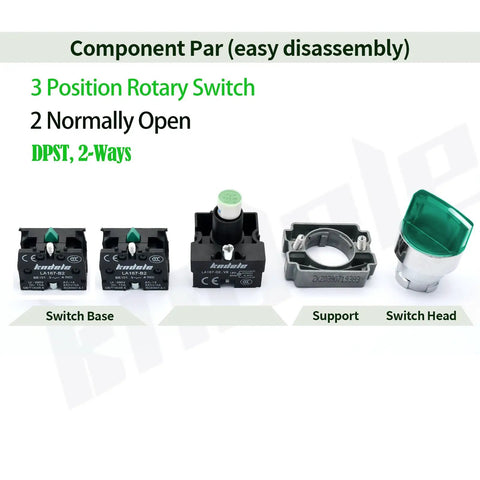 10 Amp 3 Position Rotary Switch With Green LED Light components including bases, support, and switch head, 22mm mounting.