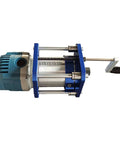 Rock Solid Router Lifting Base Kit With 0 To 54mm Micro Adjust And 64 To 65mm Outer Diameter showing top view with blue aluminum frame and router motor.