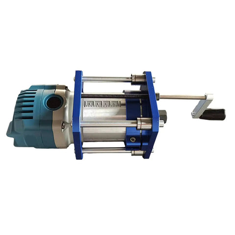 Rock Solid Router Lifting Base Kit With 0 To 54mm Micro Adjust And 64 To 65mm Outer Diameter showing top view with blue aluminum frame and router motor.