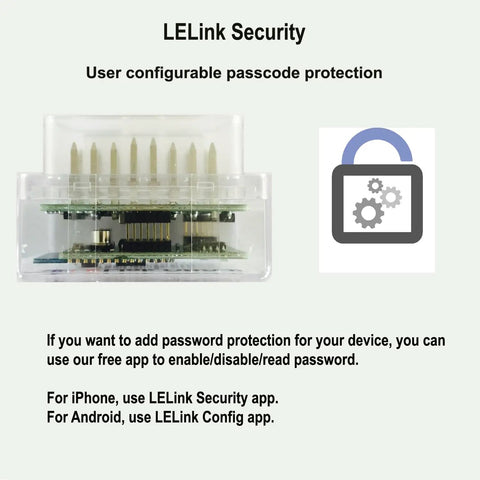 Bluetooth BLE OBD II Car Diagnostic Tool with passcode protection, showing hardware and security app icon.