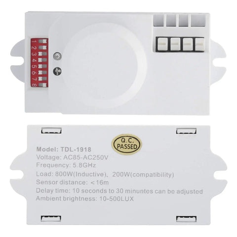 Five Point Eight GHz Microwave Motion Sensor Switch TDL1918 front and back view showing model number and specifications
