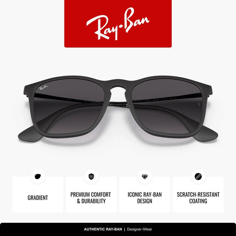 Unisex RB4187F Chris Low Bridge Fit Square Sunglasses With Rubberized Black Frames And Light Grey Gradient Lenses, Prescription Ready