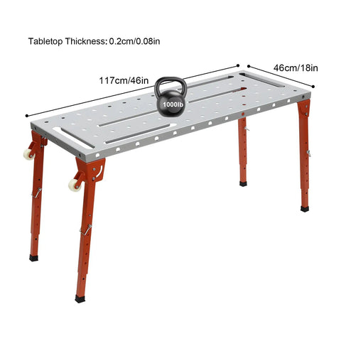 Heavy Duty Welding Table With 1000 Pound Load Rating Fold Flat Steel Workbench with adjustable legs and casters, measuring 117x46cm.