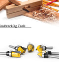 Six Piece Template Router Bit Set with Bearing for woodworking showing various bit types on a table surface