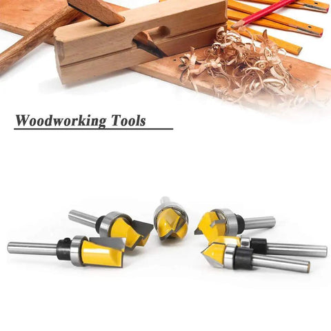 Six Piece Template Router Bit Set with Bearing for woodworking showing various bit types on a table surface