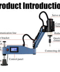 Rock Solid Vertical Electric Tapping Machine With One Meter Flexible Aluminum Arm And Auto Oil Blower For Precision Drilling Projects That Operate Hella Smooth Without Any Stress showcases detailed components and control panel.