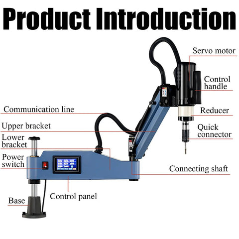 Rock Solid Vertical Electric Tapping Machine With One Meter Flexible Aluminum Arm And Auto Oil Blower For Precision Drilling Projects That Operate Hella Smooth Without Any Stress showcases detailed components and control panel.