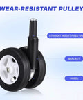 Four Pack White Twin Swivel Caster Kit For Baby Walker Replacement Wheels Runs Slick On Any Floor Premium Built Zero Fuss Easy Swap Stroller Parts close-up of a black and white twin wheel assembly