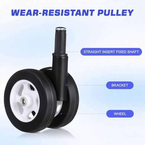 Four Pack White Twin Swivel Caster Kit For Baby Walker Replacement Wheels Runs Slick On Any Floor Premium Built Zero Fuss Easy Swap Stroller Parts close-up of a black and white twin wheel assembly