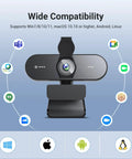 4K Webcam With PDAF Autofocus, Privacy Cover, Dual Mics shown with wide compatibility icons for Windows, macOS, Android, Linux