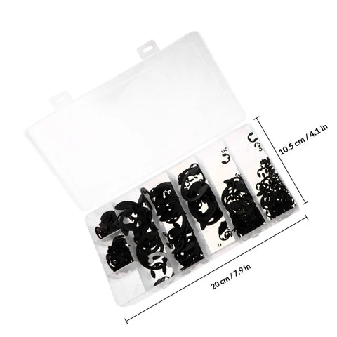 Open box of All In One External Circlip Retaining Rings Kit with 328 pieces in black manganese steel, sizes 1.5 to 22mm.