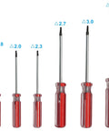 Six Piece Triangle Screwdriver Set With Magnetic Tips And Red Handles For Electronics And Toys Includes 1.8, 2.0, 2.3, 2.7, 3.0, And 4.2mm Bits For Tamper Resistant Screws A Handy Fix For Gadgets displayed.