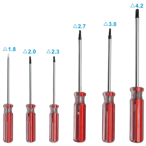 Six Piece Triangle Screwdriver Set With Magnetic Tips And Red Handles For Electronics And Toys Includes 1.8, 2.0, 2.3, 2.7, 3.0, And 4.2mm Bits For Tamper Resistant Screws A Handy Fix For Gadgets displayed.