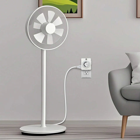 Zero Hassle Indoor 24 Hour Mechanical Outlet Timer Featuring Easy Push Pin Setup In 30 Minute Intervals Dual Polarized Plugs beside a white fan.
