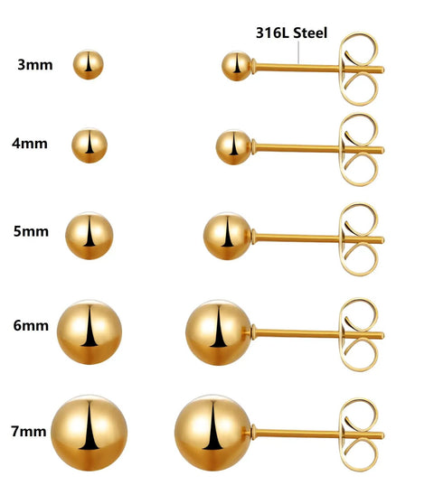 Ball Stud Earrings For Women And Men 316L Stainless Steel Hypoallergenic Jewelry Set Lead Free And Nickel Free 3 To 7mm Sizes 5 Pairs Everyday Lightweight Comfort, 3-7mm gold studs