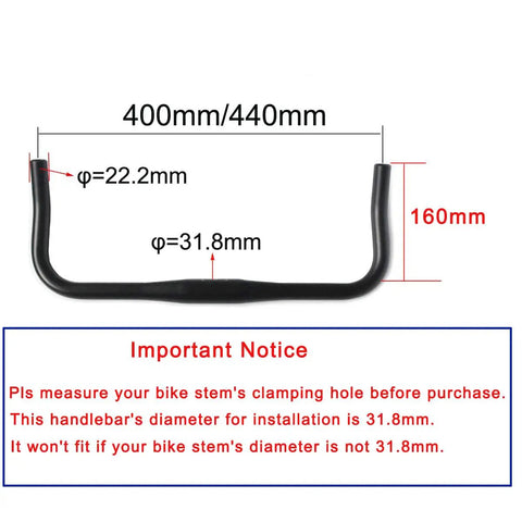 Bullhorn Handlebar For Road Bikes And Fixed Gear, 31.8mm Clamp, Aluminum Alloy Bar, 440mm Width, dimensional guide