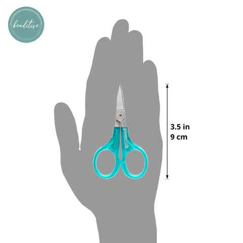 Curved And Straight Craft Scissors Set For Embroidery And Sewing, Multipurpose Stainless Steel With Protective Covers, Green And Purple Handles, Ideal For Paper Cutting, Detailing, And DIY Craft Projects, 3.5 in (9 cm) straight scissors on hand silhouette