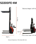 Industrial Grade Electric Straddle Stacker Rated For 3300 Lb Capacity With 157 Inch Lift side view with specs and dimensions.