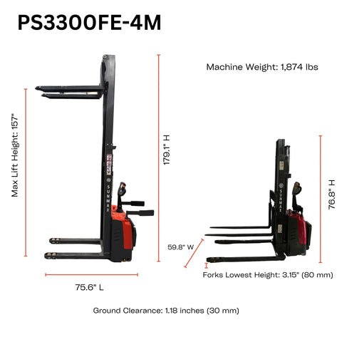 Industrial Grade Electric Straddle Stacker Rated For 3300 Lb Capacity With 157 Inch Lift side view with specs and dimensions.