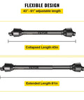 Heavy Duty PTO Shaft For Tractors Featuring 1-3/8 Inch 6 Spline Round Implement End and Rock Solid Carburized Steel Universal Joint shown at 43in and 61in adjustable lengths.