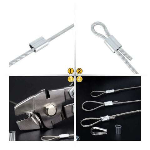 325 Piece Aluminum Wire Rope Ferrule Kit With Crimping Loop Sleeves in use, showing loop creation and tools for DIY and heavy-duty cable work.