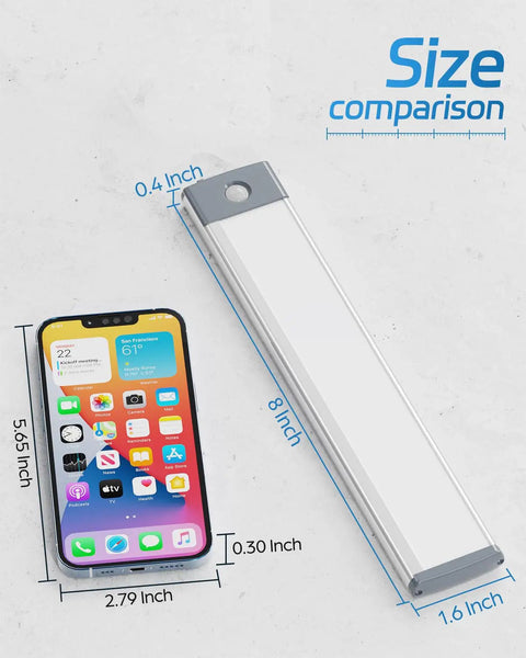 Rechargeable Motion Sensor Under Cabinet Lights 2 Pack With 30 LEDs size comparison with smartphone, 8x1.6 inches, ultra thin 180 lumens