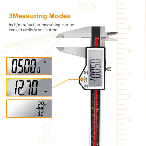 8 Inch Digital Caliper With Waterproof Stainless Steel Body showing measurement modes on LCD screen.