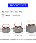 Lightweight Camping Water Kettle And Cookware Set 1.1L To 2L for Hiking with size and weight specifications